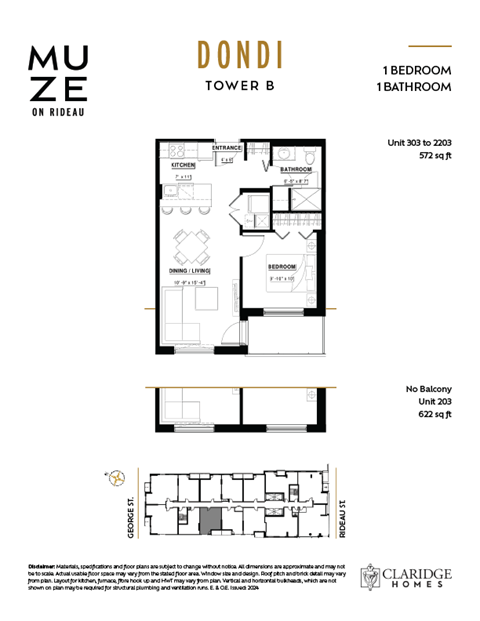 Floor plan for 1 bed, 1 bath, 572 sqft